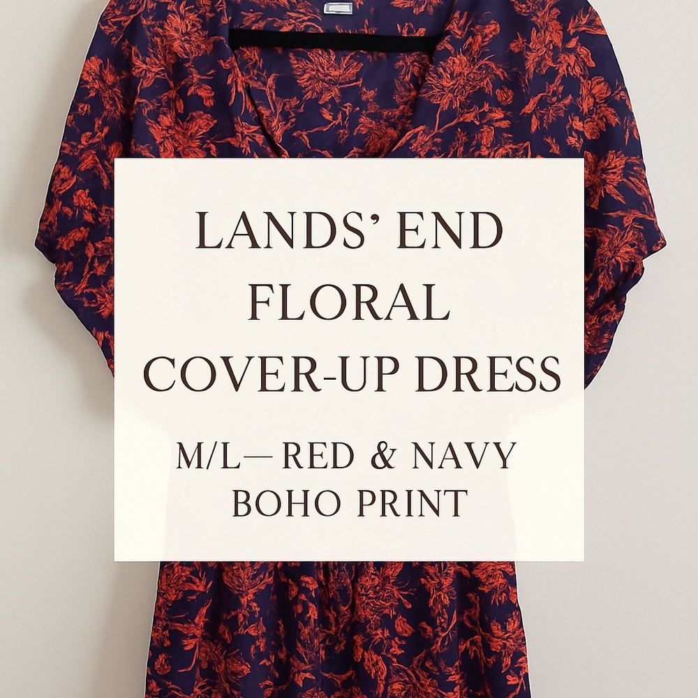 Lands’ End Floral Cover-Up Dress M/L – Red & Navy Boho Print, Cinched Waist